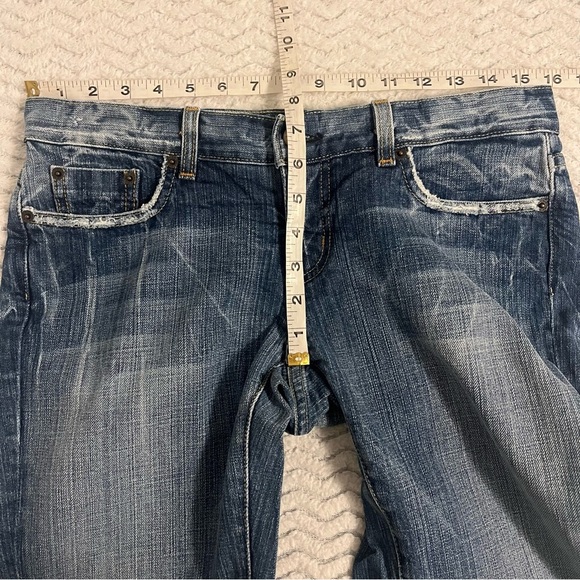 Bebe Blue Distressed Medium Wash Denim Embellished Low Rise Y2K Flare Jeans 29 - Picture 9 of 10